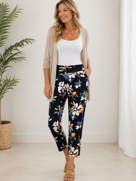 Coldwater Creek Pants - Coldwater Creek Floral Ankle Pants Womens 20W Navy Pull On Stretch